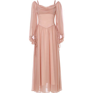 从那以后法式吊带连衣裙粉色高级感长裙长袖礼服裙一字肩小裙子女