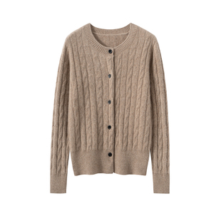 秋冬新款100%纯山羊绒开衫女圆领麻花针织外套宽松保暖毛衣外搭