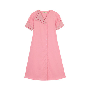 【对丝翻领茶裙】夏季A字版型宽松短袖单排扣长款连衣裙