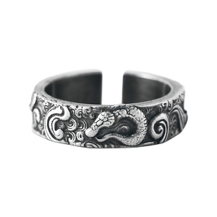 「福蛇」男生男款蛇戒指纯银999男士灵蛇 蛇年本命年复古开口男戒