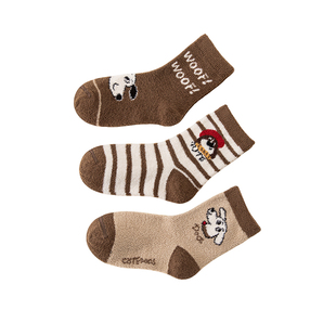 儿童袜子冬季加厚双面绒保暖袜男女童宝宝秋冬加绒无骨卡通中筒袜