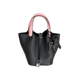 头层牛皮拼色菜篮子包包女高级感百搭水桶包大容量真皮手拎子母包