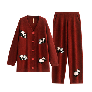 家乐芬大红色睡衣女秋冬季半边绒家居服软糯熊猫珊瑚绒马年本命年