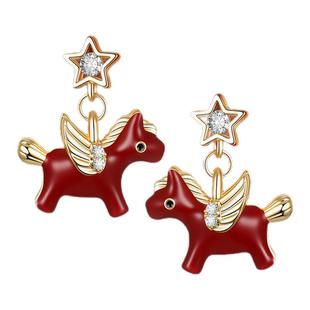 999银针鸿运飞马耳环女2025新款独特设计小马耳钉本命年红色耳饰