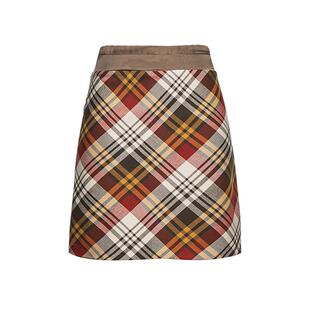 LEONSENSE力上司 英伦格纹A字半裙 橄榄绿色拼接撞色复古休闲女装