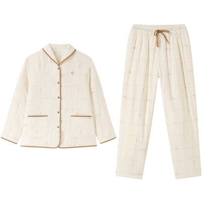 全棉时代女士夹棉睡衣秋冬加绒加厚双层纱布家居服套装保暖不静电