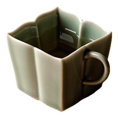 里作越窑青瓷四方花口带把陶瓷茶杯高端品茗杯高端功夫茶具主人杯