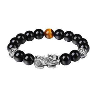 中国黄金珍尚银貔貅黑曜石手串男款足银手链情人节七夕礼物送男友