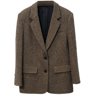 芝美日禾 全羊毛人字纹毛呢西装外套女花棕色小个子复古通勤冬季