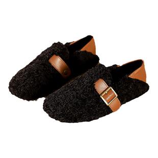 勃肯毛毛鞋女2026新款外穿秋冬两穿博肯鞋百搭羊羔毛加绒平底单鞋