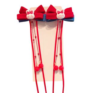 儿童发夹假发辫子侧边蝴蝶结麻花辫飘带国风头饰女童过新年发卡女