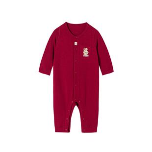 嫚熙婴幼儿连体衣竹棉羊毛宝宝红色打底连身衣男女童爬服新年衣服