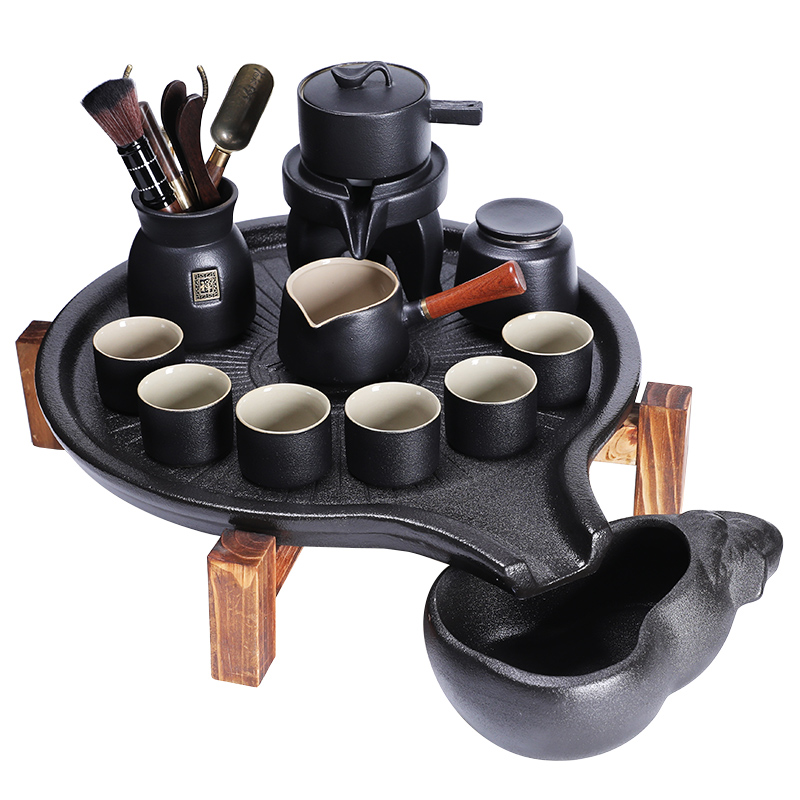 路寶時來運轉(zhuǎn)懶人自動功夫茶具復(fù)古家用石磨茶盤茶具套裝紫砂茶壺