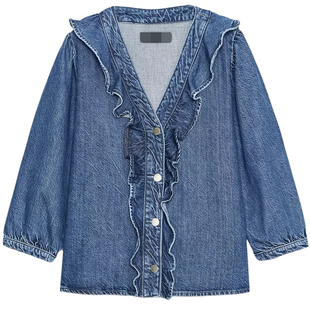 ZARluvip查罗春秋季新款V领牛仔衬衫外套薄款叠层效果上衣6147152