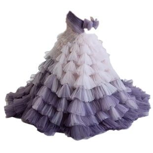 儿童走秀礼服露肩钢琴演奏服欧美女童花童婚礼女孩生日公主裙拖尾