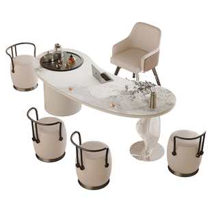 奶油风岩板茶桌椅组合轻奢现代洽谈接待桌高端茶台办公一体泡茶桌