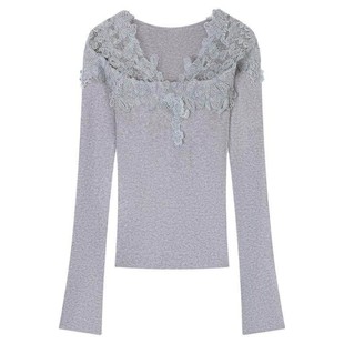 法式轻熟风蕾丝钩花V领长袖针织打底女春秋冬季修身显瘦内搭上衣