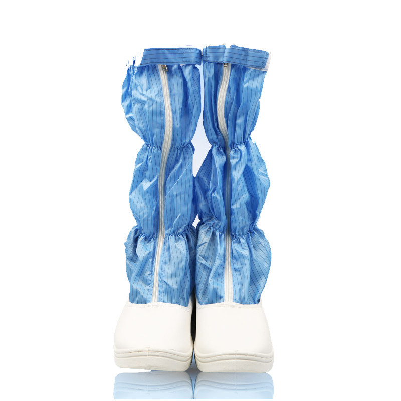 闽鑫圆防静电高筒靴帆布皮革开网透气长筒无尘劳保鞋塑料拉链白蓝