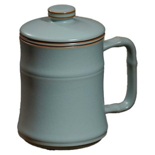 青澹汝窑办公杯大容量景德镇陶瓷杯带盖青瓷茶杯泡茶专用开片可养