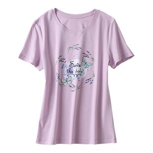 时尚紫色花环印花百搭线上短款上衣女薄款丝光棉短袖t恤女2026夏