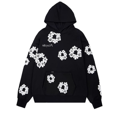 0123start 花卉发泡满印潮牌连帽卫衣女宽松美式复古秋冬情侣外套