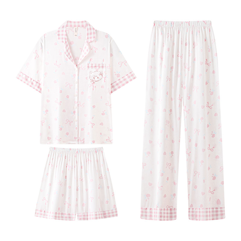 宫蝶【3件套】mikko冰丝睡衣女款卡通甜美短袖家居服学生套装夏季