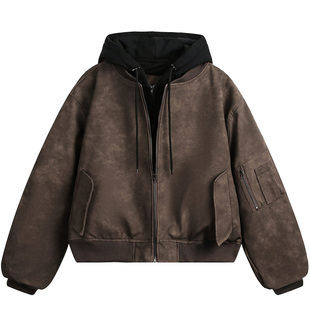 日系复古假两件飞行夹克棉服外套男2025冬季保暖麂皮绒连帽棉衣男