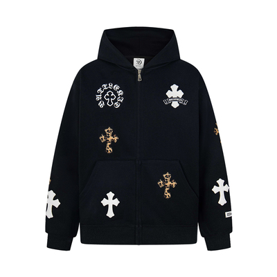 EUEH豹纹刺绣拉链男女帽衫