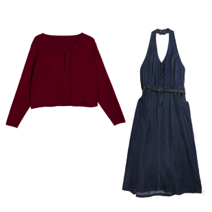 曾小咸大码女装 韩系微胖mm牛仔连衣裙长裙红色开衫秋季两件套装