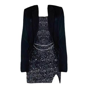 辣妹黑色亮片抹胸连衣裙2025夏季新款紧身内搭性感短裙包臀裙套装