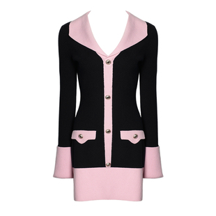 DPLAY2025年冬季新款黑色针织连衣裙女法式气质修身撞色裙子短裙