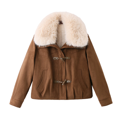 大毛领麂皮绒短外套女