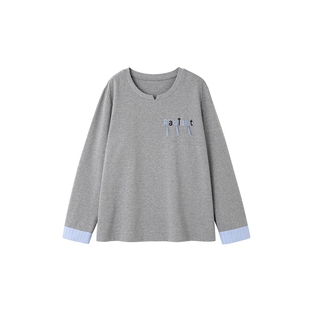 时然大码假两件刺绣T恤微胖mm春季女装上衣灰色圆领宽松韩版新品