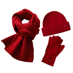 【马上好运】新年红色100%WOOL三件套保暖帽子围巾手套送礼套装