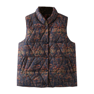 冬装新款印花立领加绒背心上衣中老年妈妈装加厚外穿马夹奶奶外套