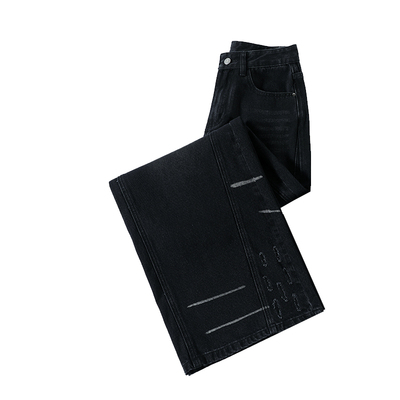 街头风黑色磨破牛仔裤女阔腿裤冬季加绒加厚新款拼色炸街拖地裤子