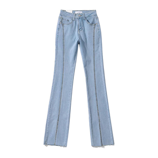 欧美复古 辣妹性感高腰微喇牛仔裤女设计感烫钻裤脚开叉拖地长裤