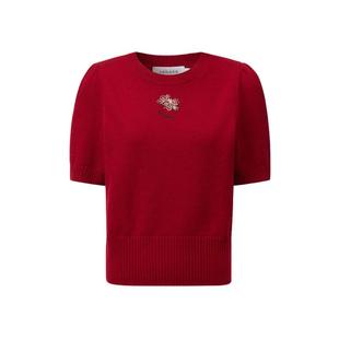 VGRASS维格娜丝冬季红色重工刺绣羊毛针织T恤圆领针织衫套头毛衣