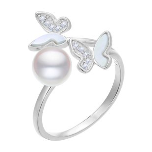 黛米珠宝 香水百合 约6-7mm圆形海水akoya珍珠戒指 S925银指环女