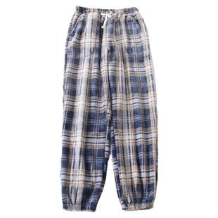冬季睡裤男冬天加厚法兰绒保暖珊瑚绒简约格子收口束脚家居裤长裤