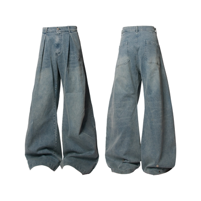 腰部环褶腿部翻褶水洗层次牛仔裤