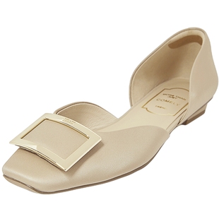 康莉真皮方扣单鞋女2025春秋新款气质通勤百搭浅口平底鞋子不累脚