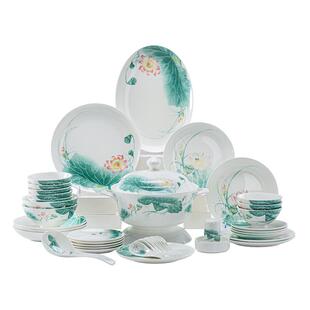 景德镇骨瓷餐具套装 58头家用陶瓷器碗碟 釉下彩映日荷花结婚礼品