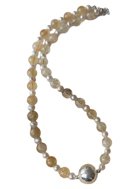 S925天然黄发晶银球珍珠手链项链