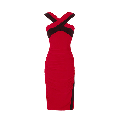 撞色拼接一字领长裙水晶麻纱