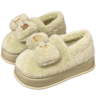 高跟厚底棉拖鞋女全包跟室内家居可爱蝴蝶结拖鞋冬季保暖棉鞋增高