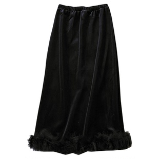 纯色镶毛边加绒加厚高腰显瘦直筒裙冬季新款百搭长裙女半身裙Q213