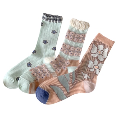 袜子女夏季薄款中筒袜花朵复古