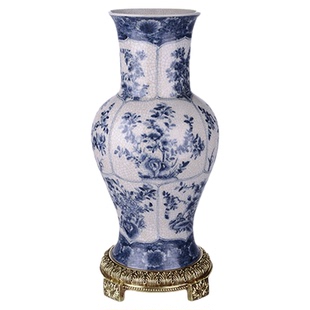 卡斯特兰欧式法式铜配陶瓷青花三层果盘托盘新中式插花花瓶C5906