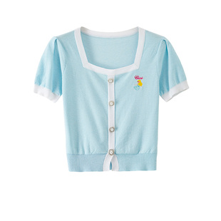 BANANA CICI2024年夏季新款小香风方领美人鱼绣花撞色短袖针织衫